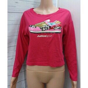 Justice Sport Crop Top Shirt Pink Tennis Shoe Long Sleeve Crew Sequin Sz L 12-14